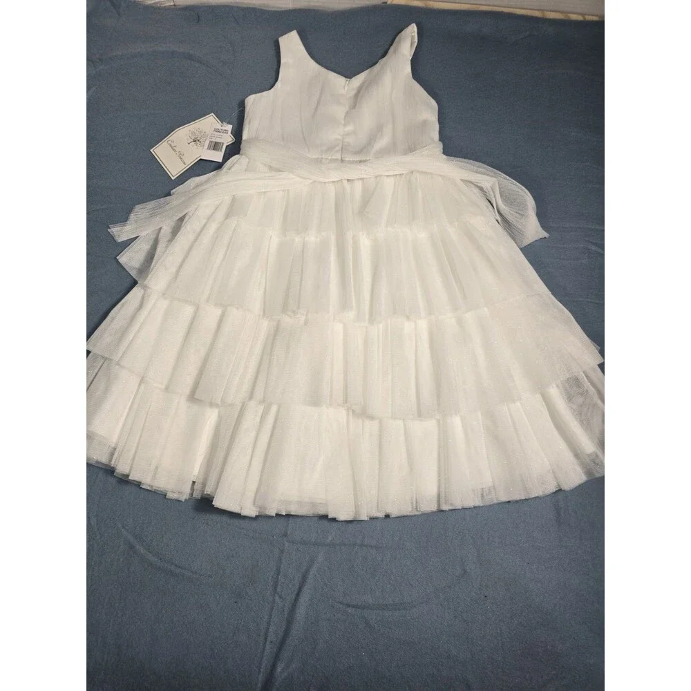Couture Princess Girls' Ivory Pearl-Trim Ruffle Tulle Formal Flower Girl  8 NWT